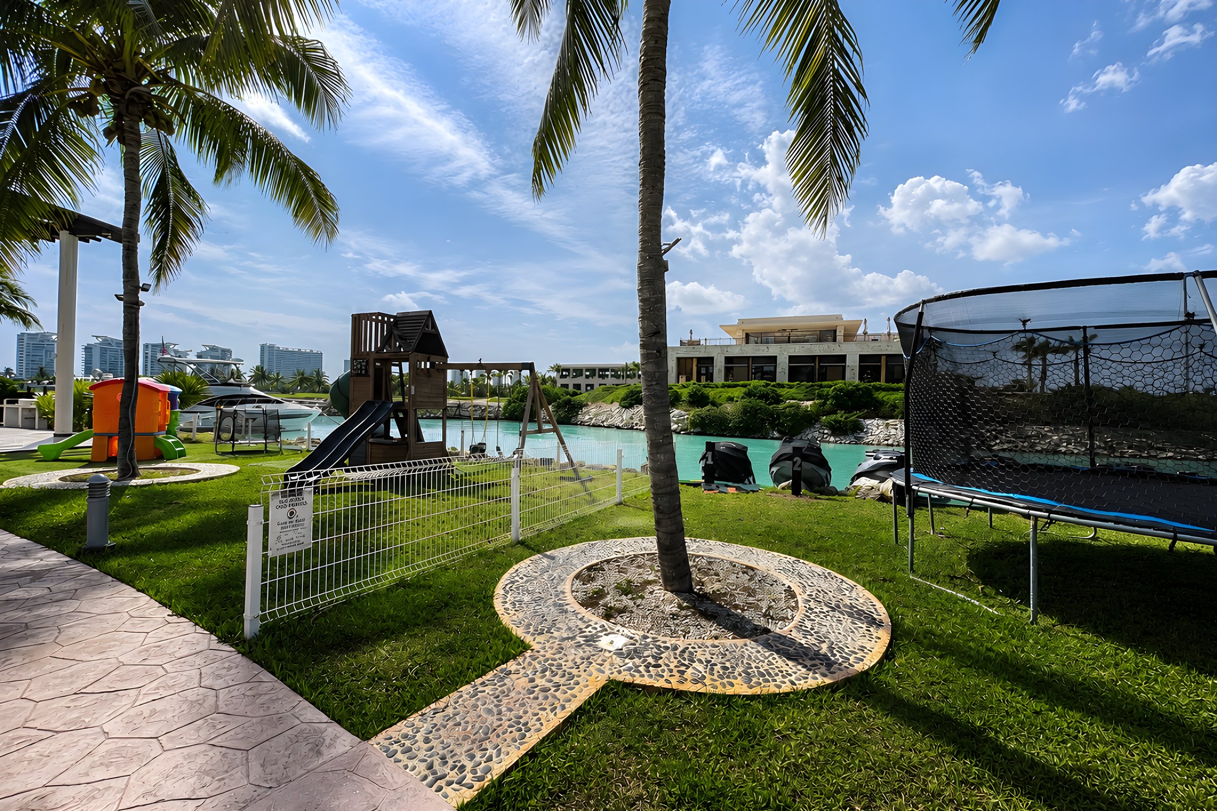 Área infantil con cama elástica y juegos entre jardines en Maioris Marina Residences, Puerto Cancún