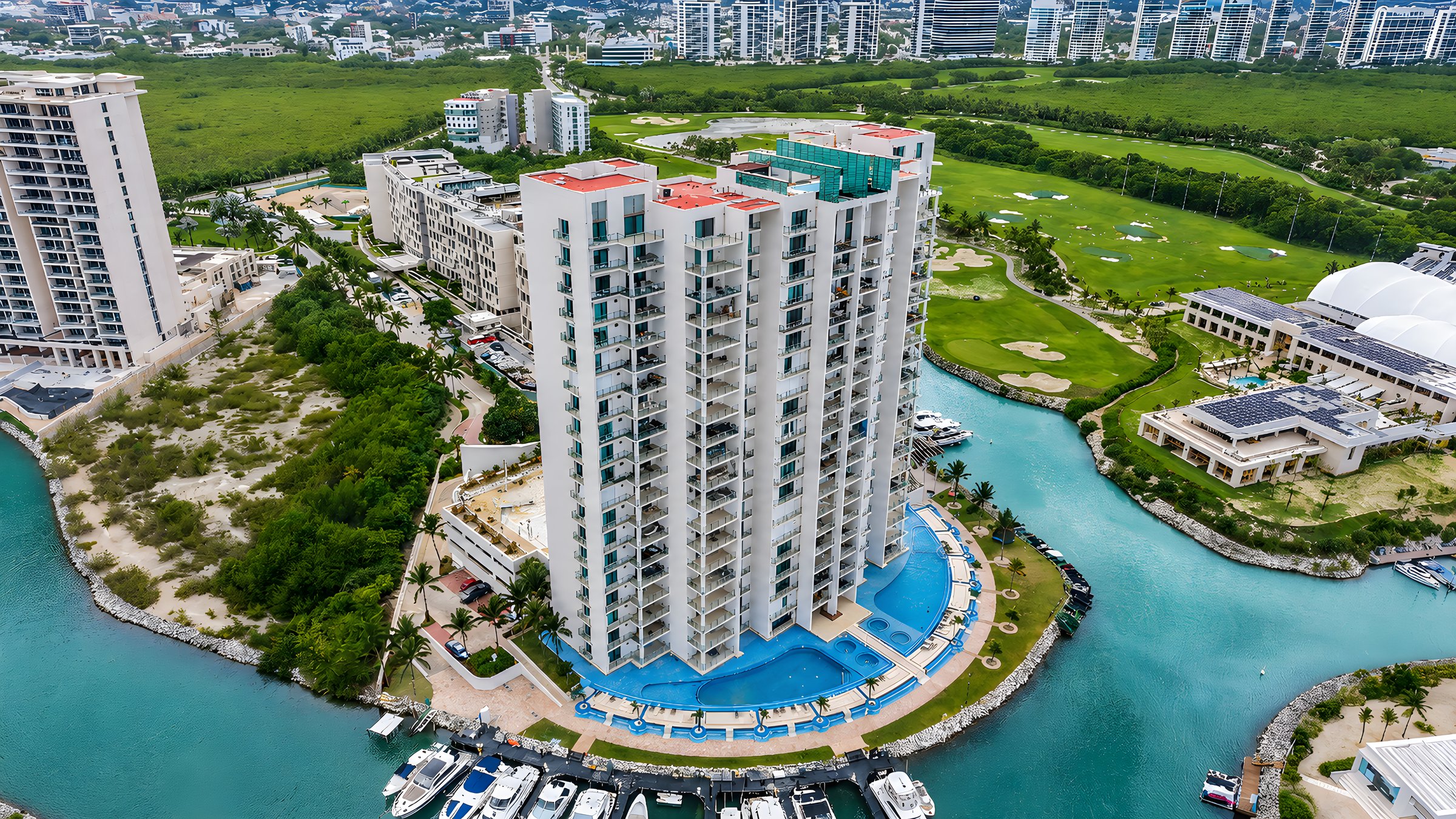 Albercas curvas de Maioris sobre el canal de Puerto Cancún con la marina y los yates al fondo