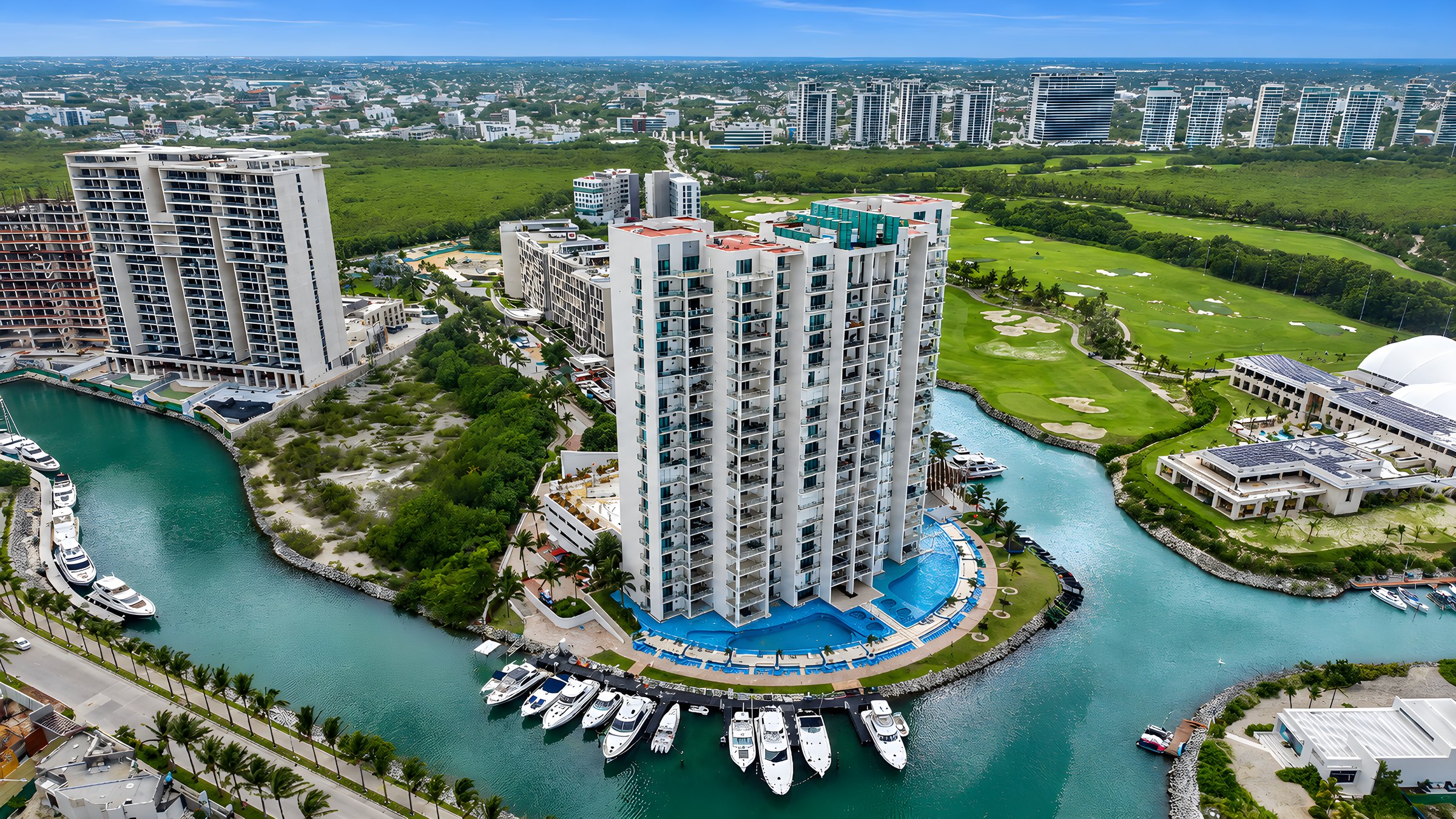 Comunidad residencial de Puerto Cancún junto al campo de golf, entorno de Maioris Marina Residences