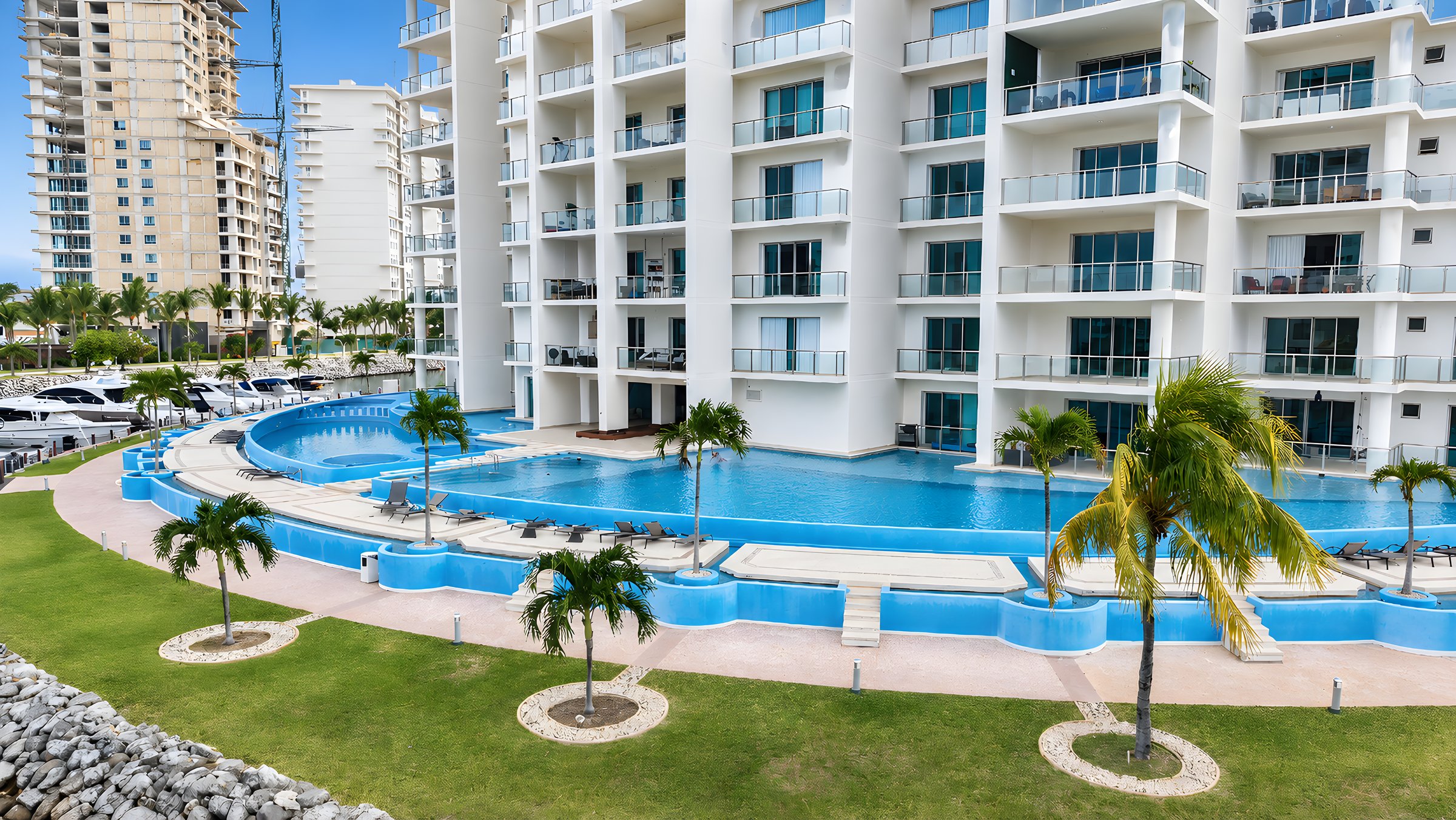 Terraza de alberca con palmeras y camastros en Maioris Marina Residences, Puerto Cancún